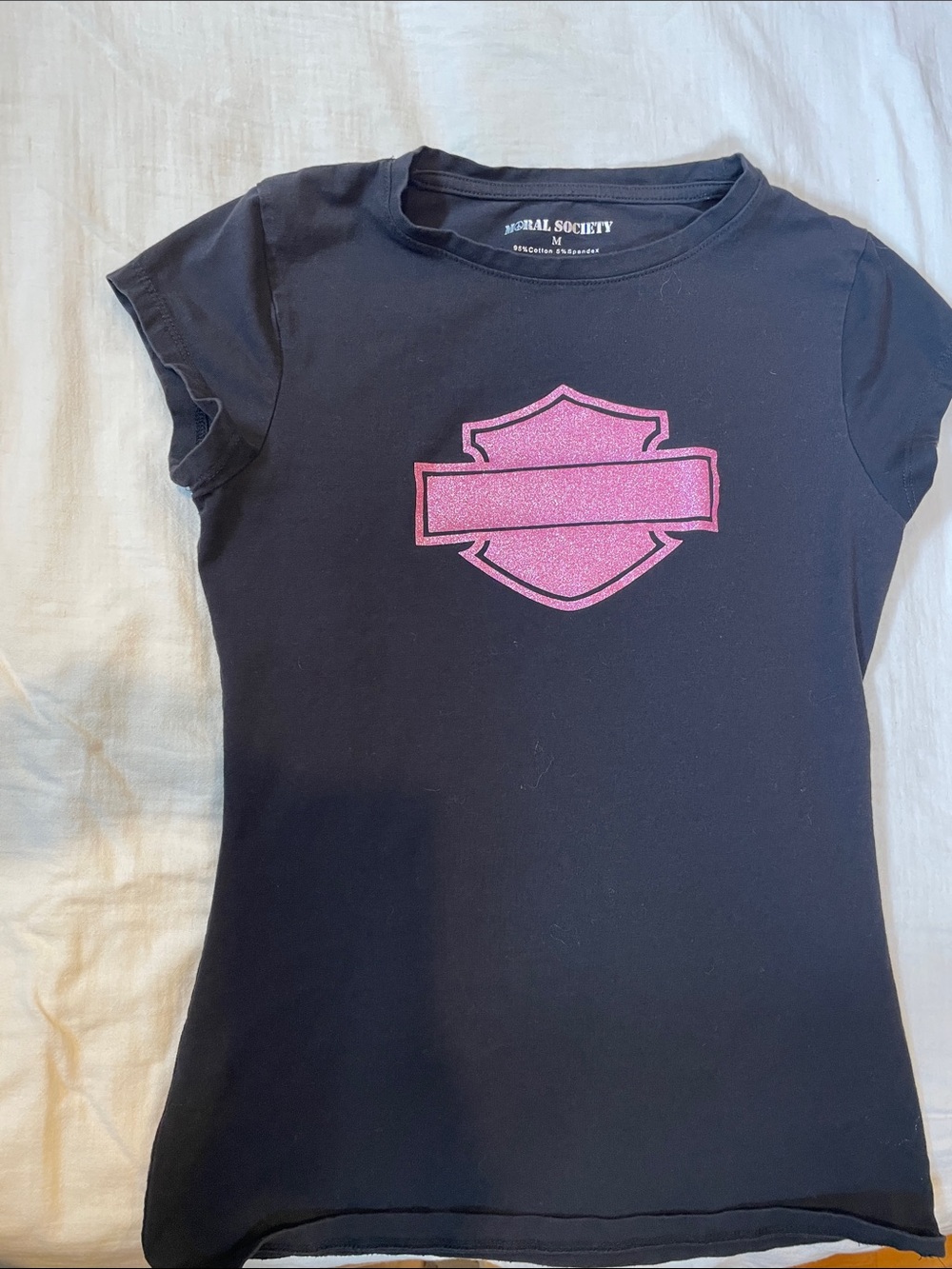 Girls' Black Short Sleeve Tee with Pink Shield Graphic